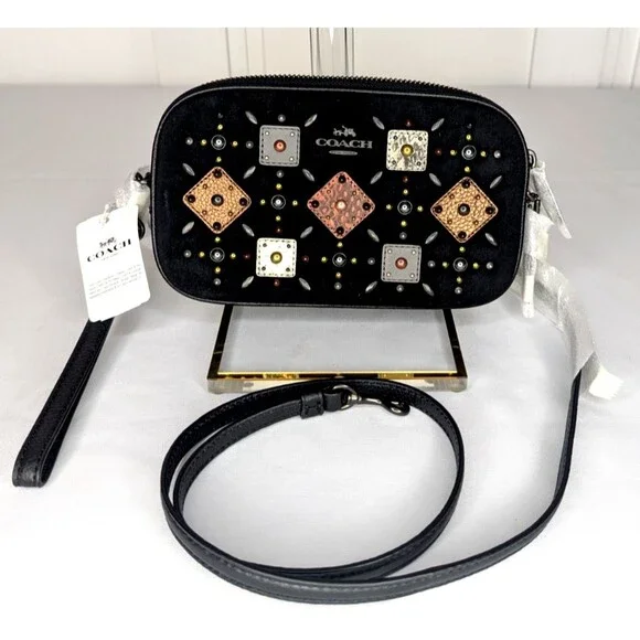COACH Prairie Rivets Crossbody - Black Suede with Leather Patches 24309 NWT - Picture 1 of 9